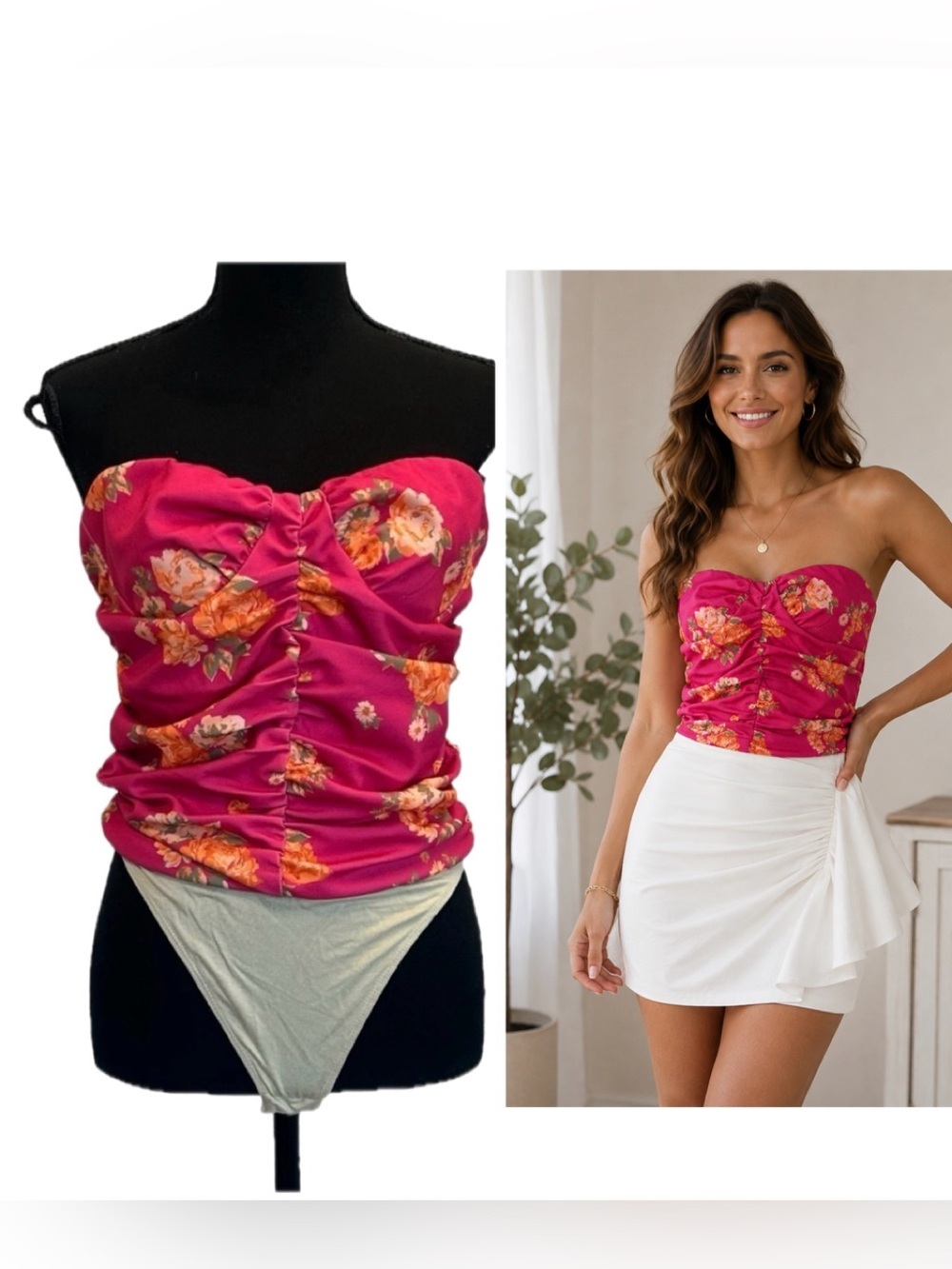 Wayf floral flower ruched strapless.sweetheart neckline bodysuit Sz M NWT